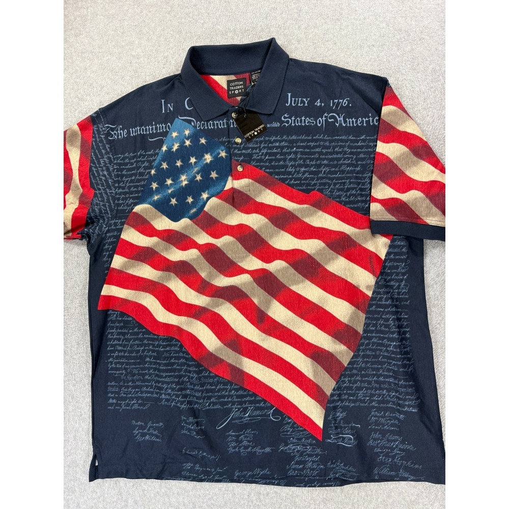 NWT Cotton Traders USA Flag Constitution S/S Polo Shirt (Men's 2XL) Blue